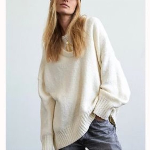 Free People Brookside Tunic Sweater Ivory V Neck - Picture 3 of 10